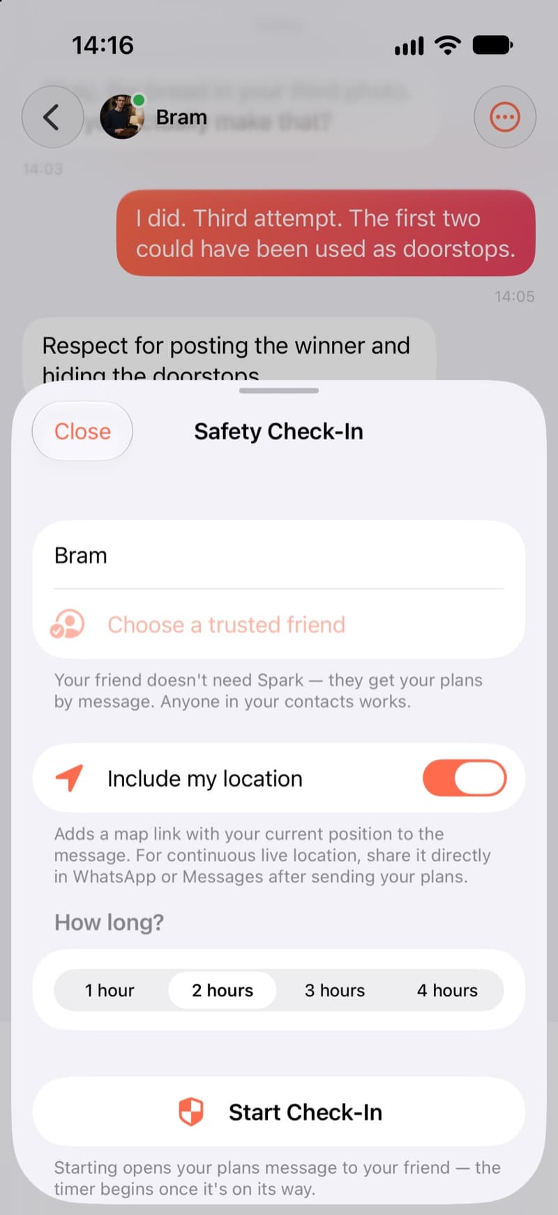 Setting a safety check-in timer before meeting someone, with a trusted friend to watch it