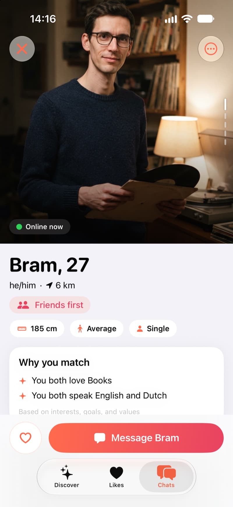 A Spark profile showing someone's photo, what they are looking for, and why you match