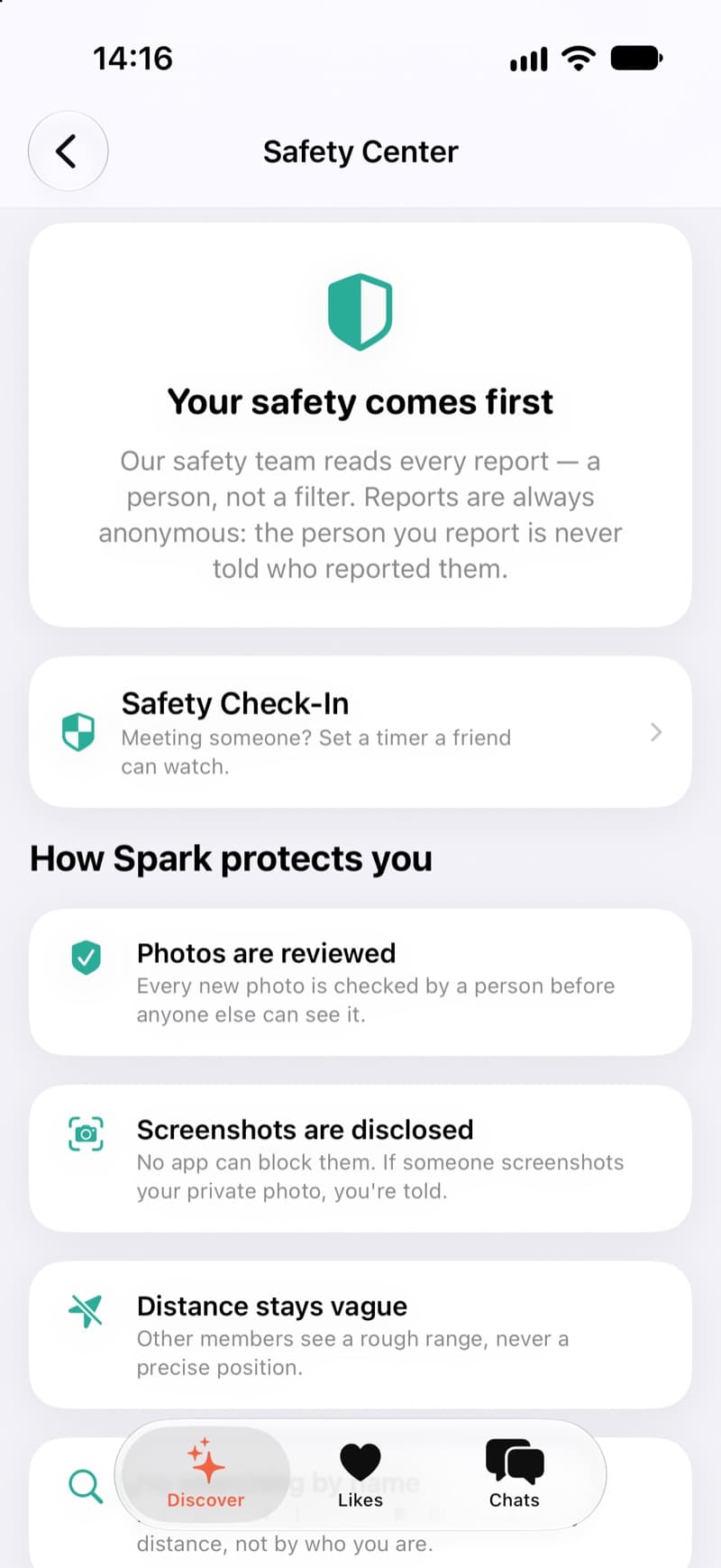The Spark Safety Center, explaining how photos are reviewed and screenshots are disclosed